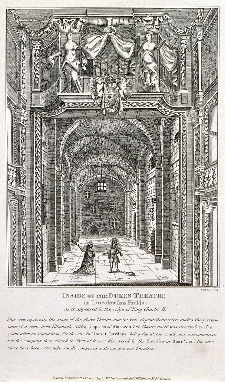 Lontoon Dukes-teatterin sisällä, Richard Sawyerin kaiverrus, 1820 tekijältä English School