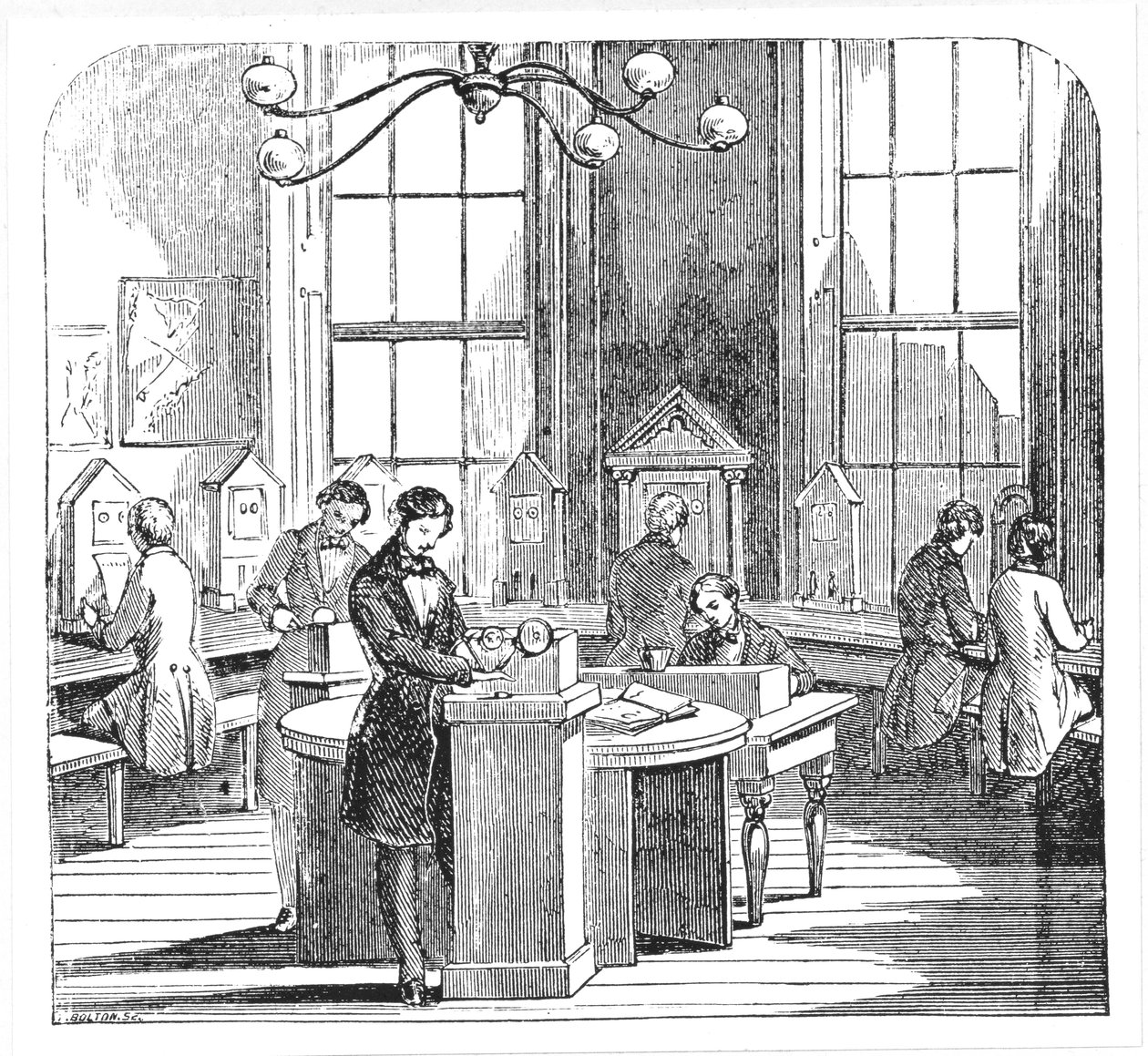 Instrumenttihuone Electric Telegraph Officessa, Lothbury, Lontoo, Dionysius Lardnerin tiede- ja taidemuseosta, n. 1860 tekijältä English School