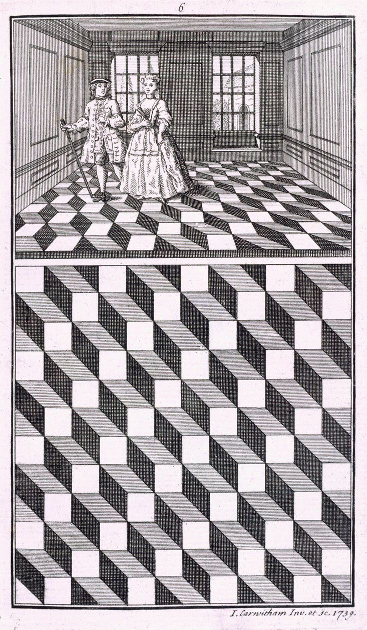 Sisustus, kuvitus erityyppisistä lattiakoristeista, John Carwitham, 1739, bw-kaiverrus tekijältä English School