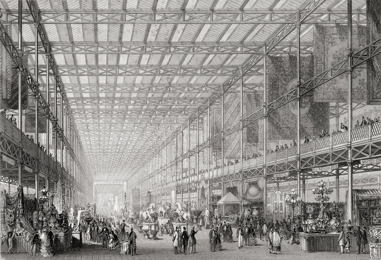 Hyde Parkissa sijaitsevan vuoden 1851 suuren teollisuusnäyttelyn sisustus Cyclopaedia of Useful Arts & Manufactures -lehdestä, toimittanut Charles Tomlinson, noin 1880-luku tekijältä English School