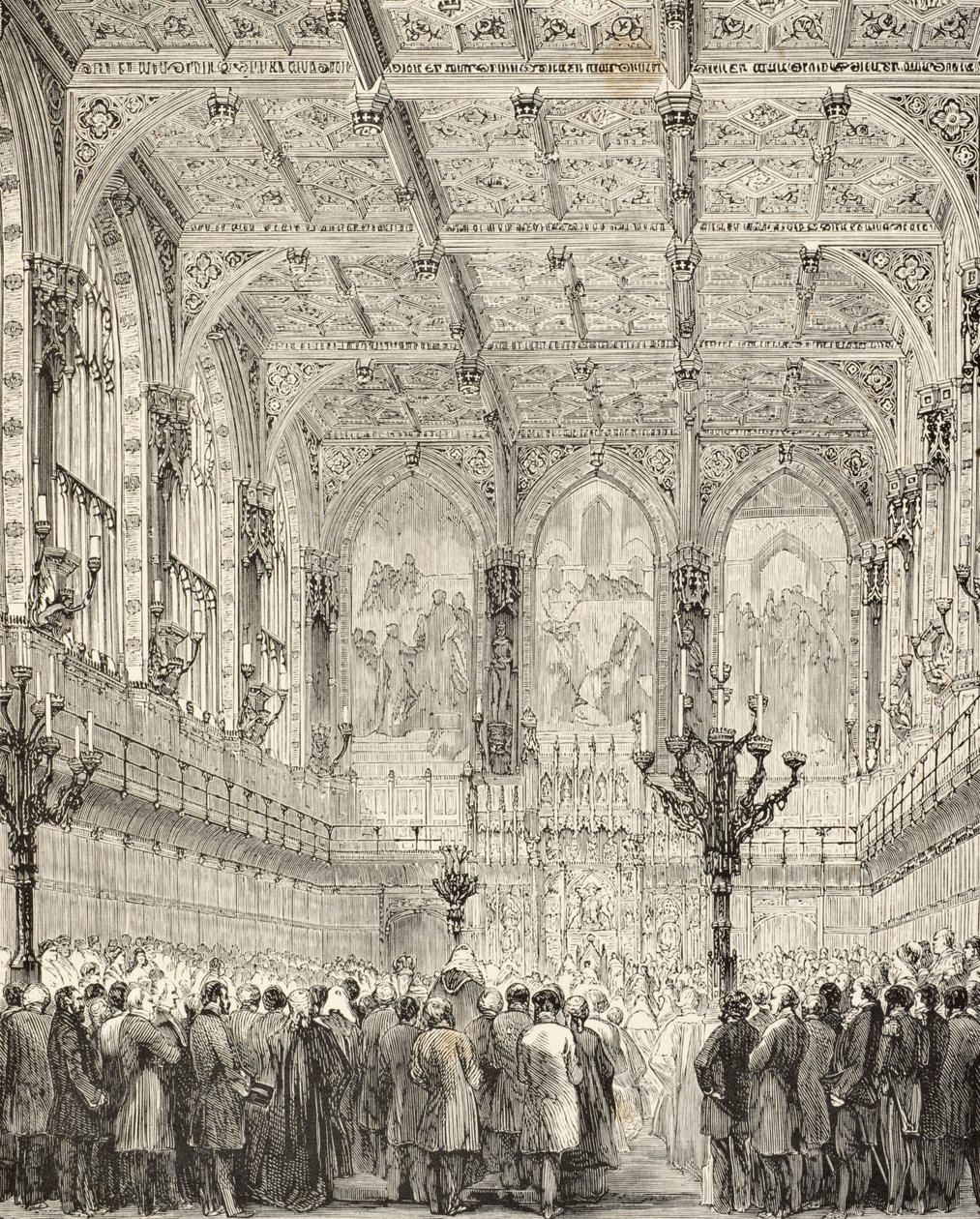 The Interior of the House of Lords, William Hickman Smith Aubreyn (1858-1916) julkaisusta The National and Domestic History of England, julkaistu Lontoossa, noin 1890 tekijältä English School