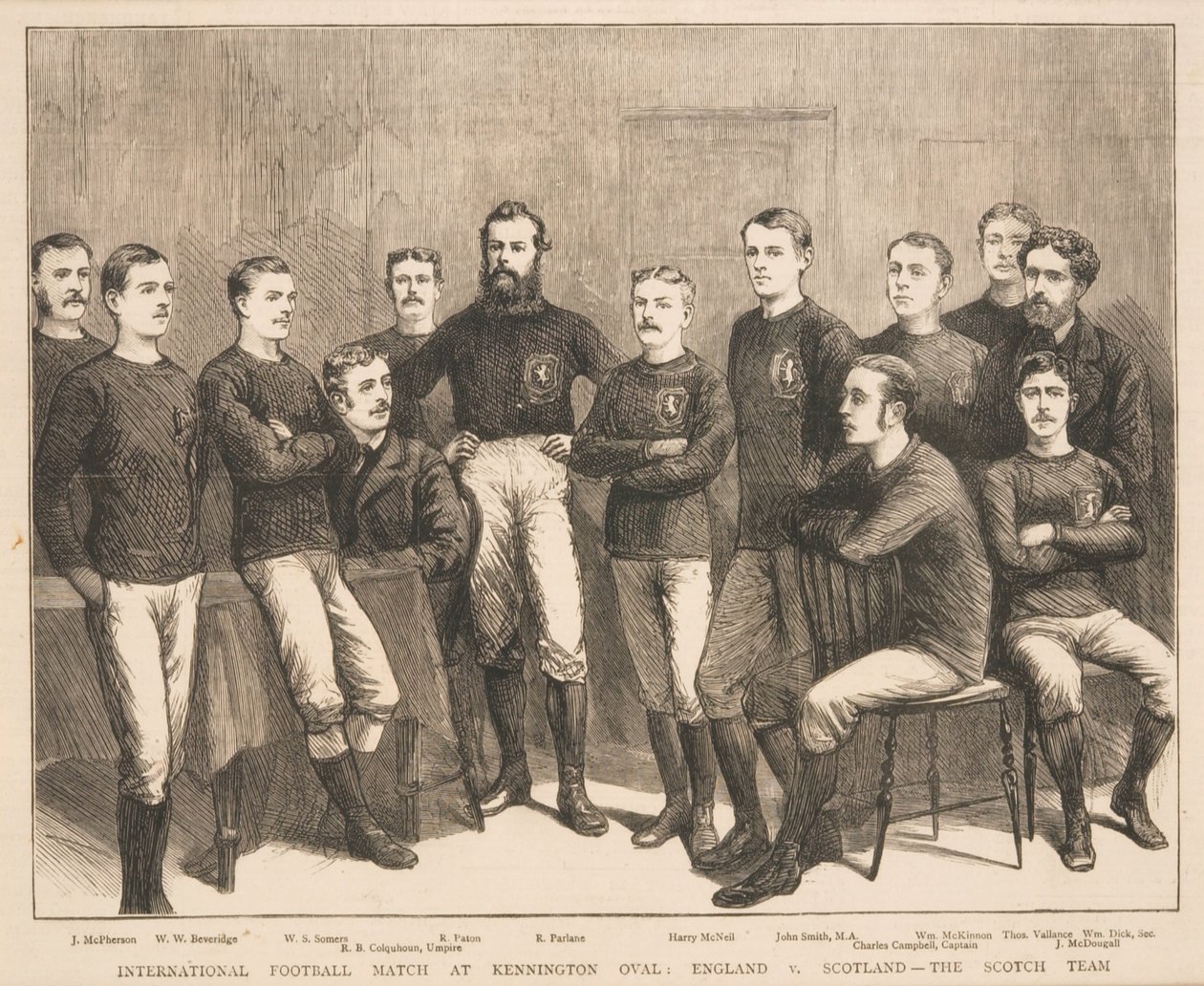 Kansainvälinen jalkapalloottelu Kennington Ovalissa: Englanti vs. Skotlanti - The Scotch Team, The Graphic, 1879 tekijältä English School