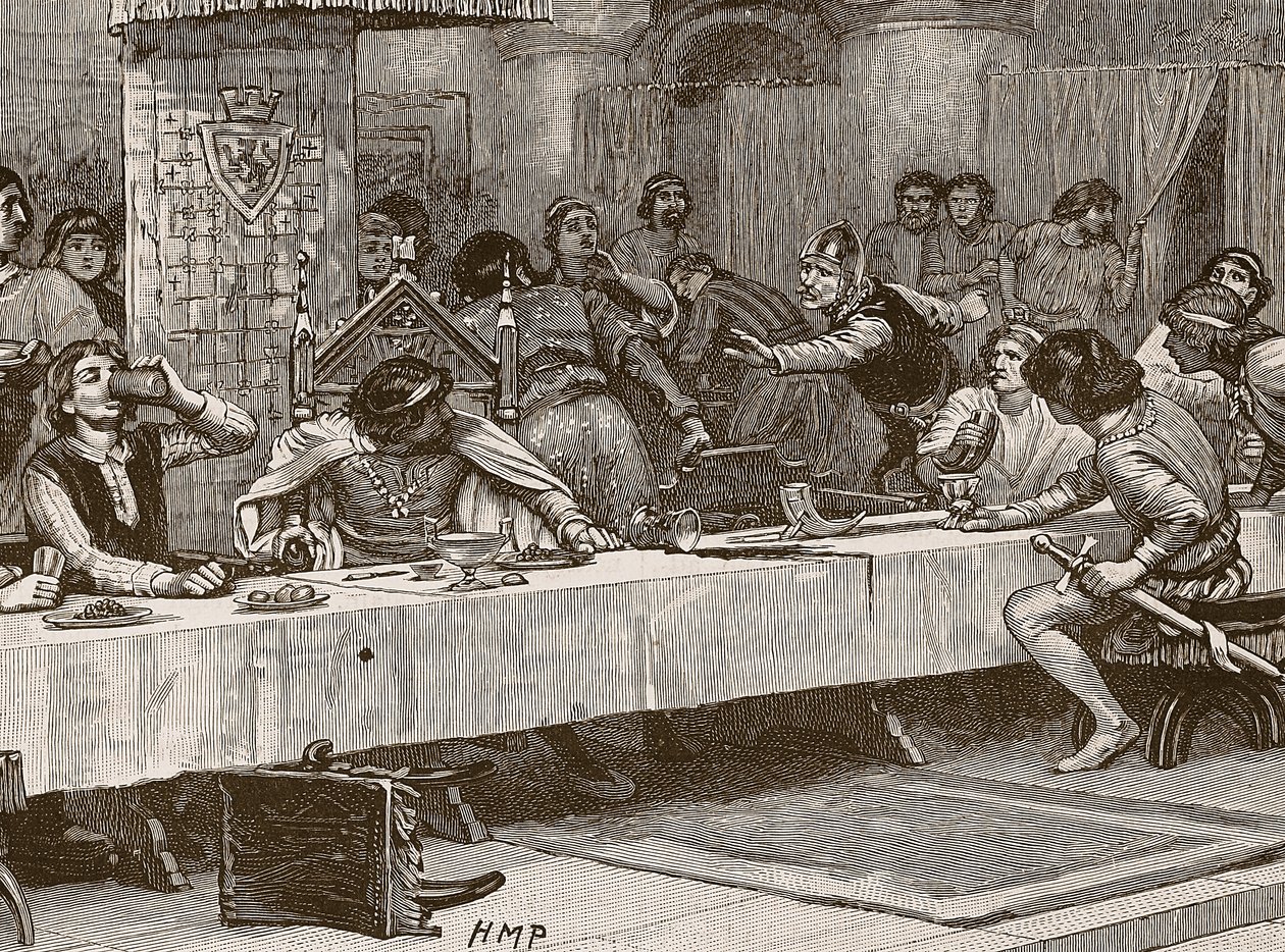 Keskeytys Balliols Christmas Dinner, kuvitus Cassells Illustrated History of Englandista (seepiakuva) tekijältä English School