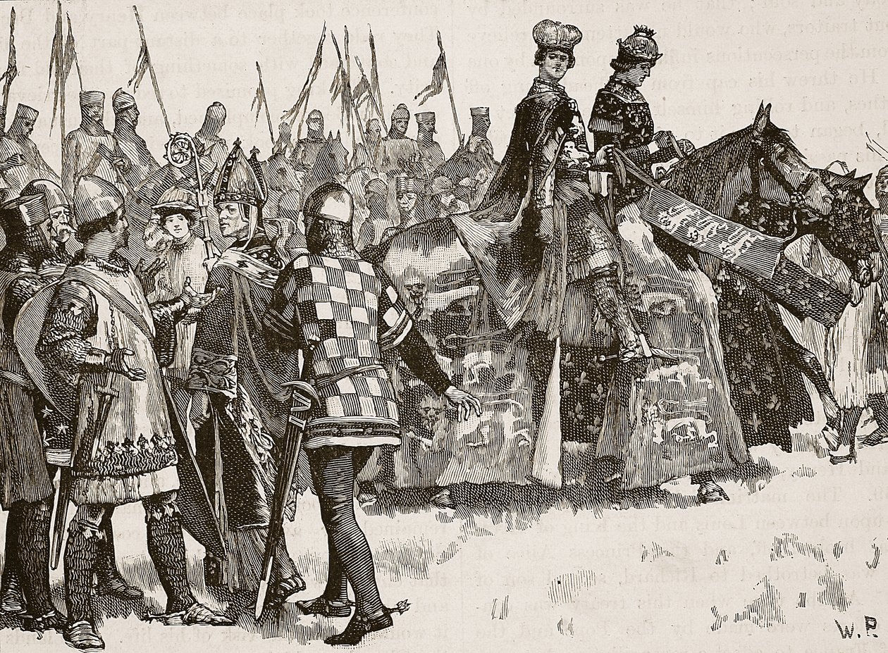 Becketin ja kuningas Henryn haastattelu, kuvitus Cassells Illustrated History of Englandista (seepiakuva) tekijältä English School