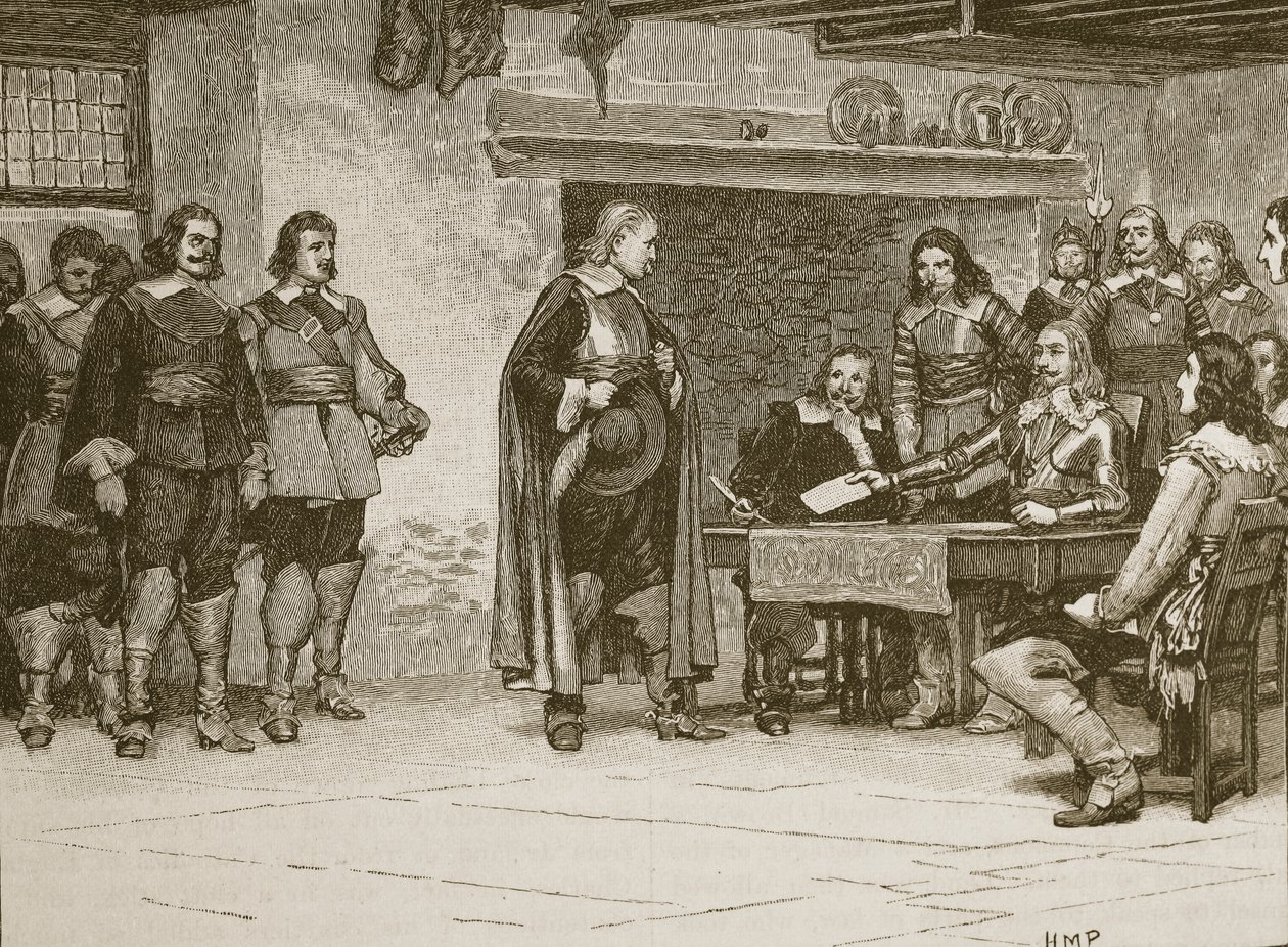 Charlesin ja Earl of Denbighin haastattelu, kuvitus Cassells Illustrated History of Englandista (seepiakuva) tekijältä English School