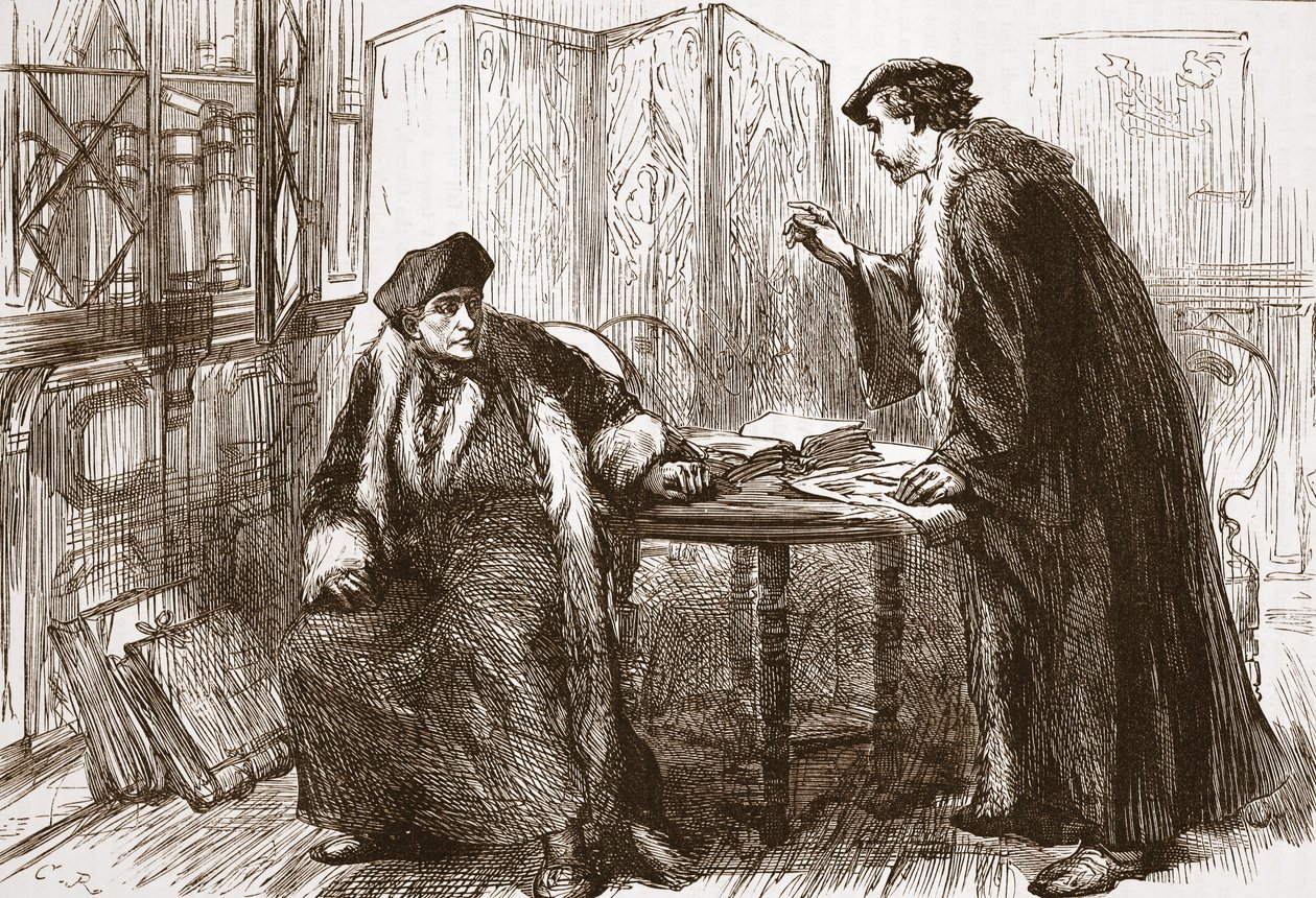 Erasmuksen ja Calvinin haastattelu, kuvitus James Aitken Wylien (1808-1890) Protestantismin historiasta, pub. 1878 tekijältä English School