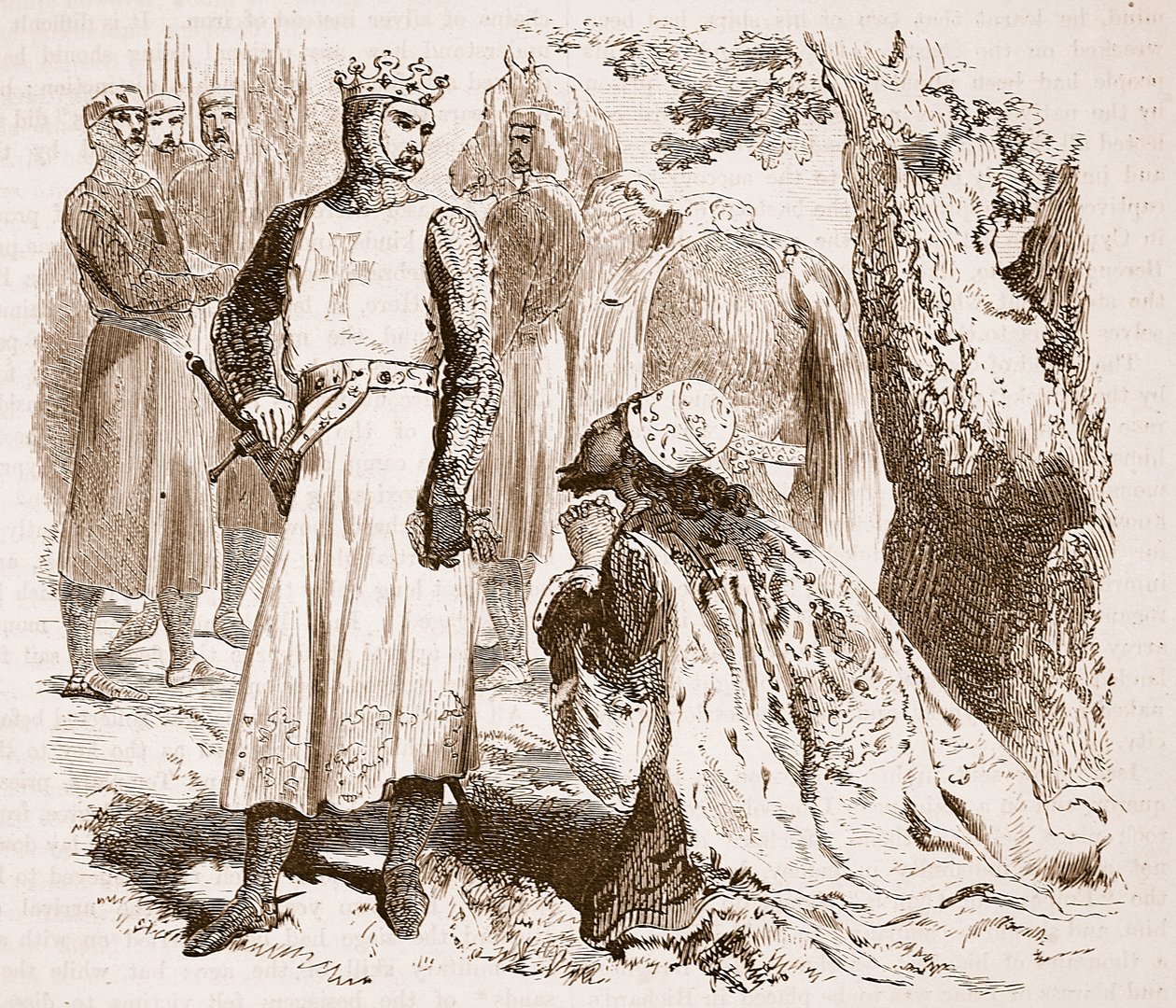 Kyproksen Iisak kerjäämässä tyttärensä vapauttamista, kuvitus Cassells Illustrated History of Englandista (seepiakuva) tekijältä English School