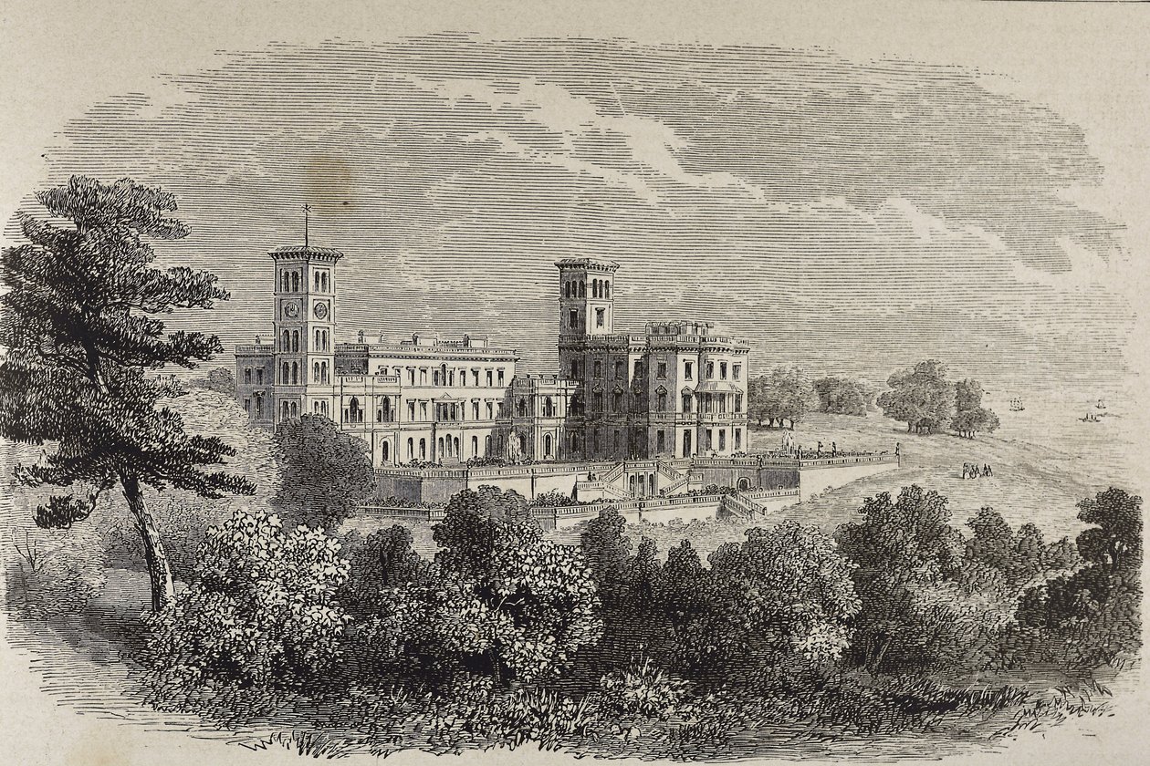 Isle of Wight. Osborne House, kuningatar Victorian kesäasunto. Kuvitus vuodelta 1880 tekijältä English School