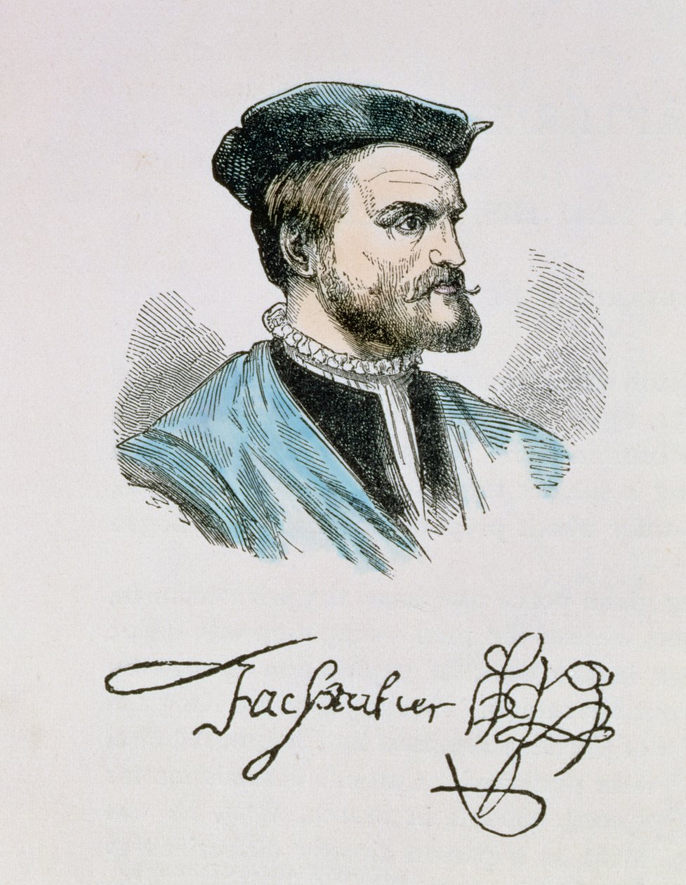 Jacques Cartier (1491-1557) kuvitus kirjan "Narrative and Critical History of America" IV osasta, 1886 (myöhempi väritys) tekijältä English School