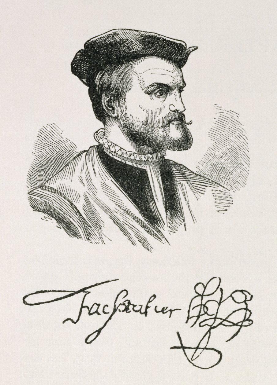 Jacques Cartier (1491-1557) kuvitus osasta IV "Narrative and Critical History of America", 1886 tekijältä English School