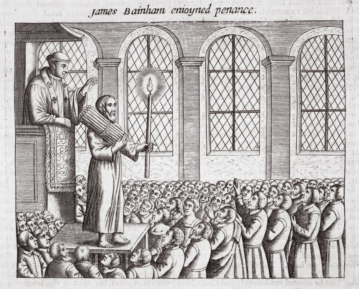 James Bainham nautti katumuksesta, John Foxen kuvitus teoksesta Apostolien teot ja monumentit, yhdeksäs painos, pubi. 1684 tekijältä English School