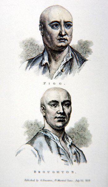 James Figg ja Jack Broughton vuonna 1812 julkaistusta vedoksesta (värilitho) tekijältä English School