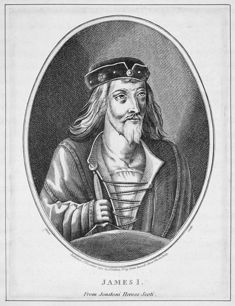 James I (1394-1437), Skotlannin kuningas, Johnstones Scottish Heroesista, Adamin kaivertama, julkaistu 1794 tekijältä English School