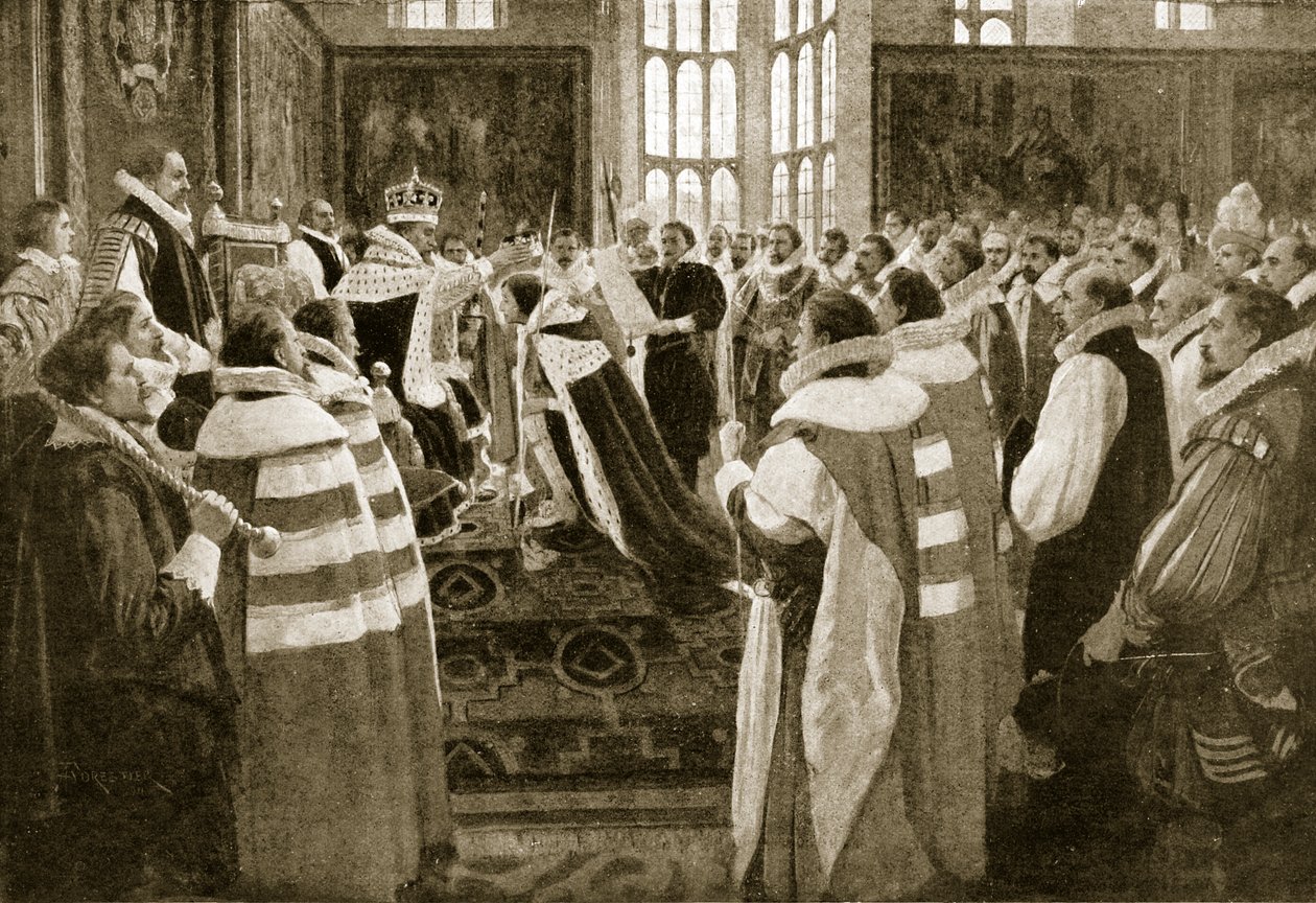 James I sijoittaa poikansa Charlesin Walesin prinssiksi, 1616, kuva Hutchinsons Story of the British Nationista, n. 1923 tekijältä English School