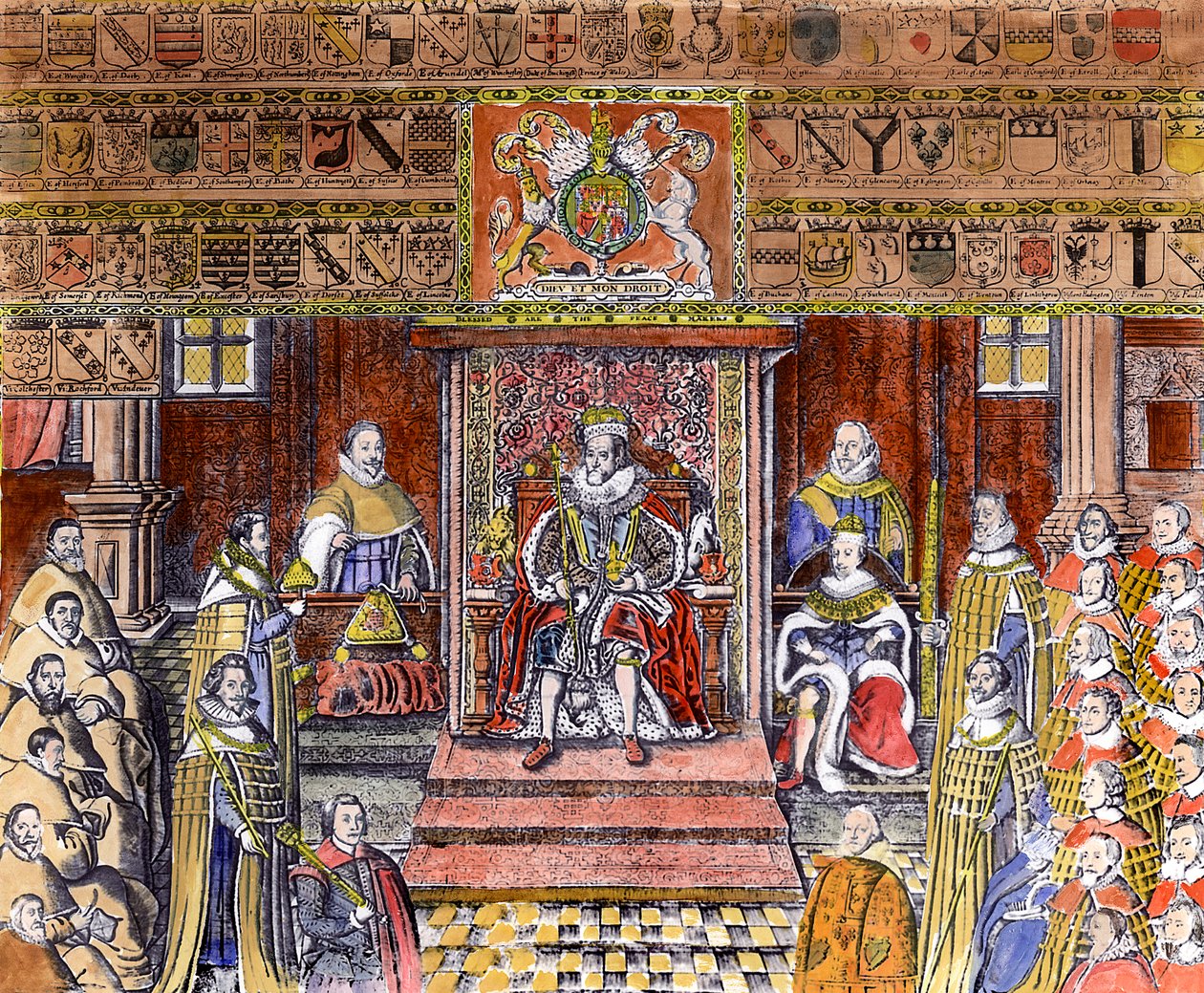 James I Englannista (1566-1625) Courtissa, (kaiverrus) (myöhempi väritys) tekijältä English School
