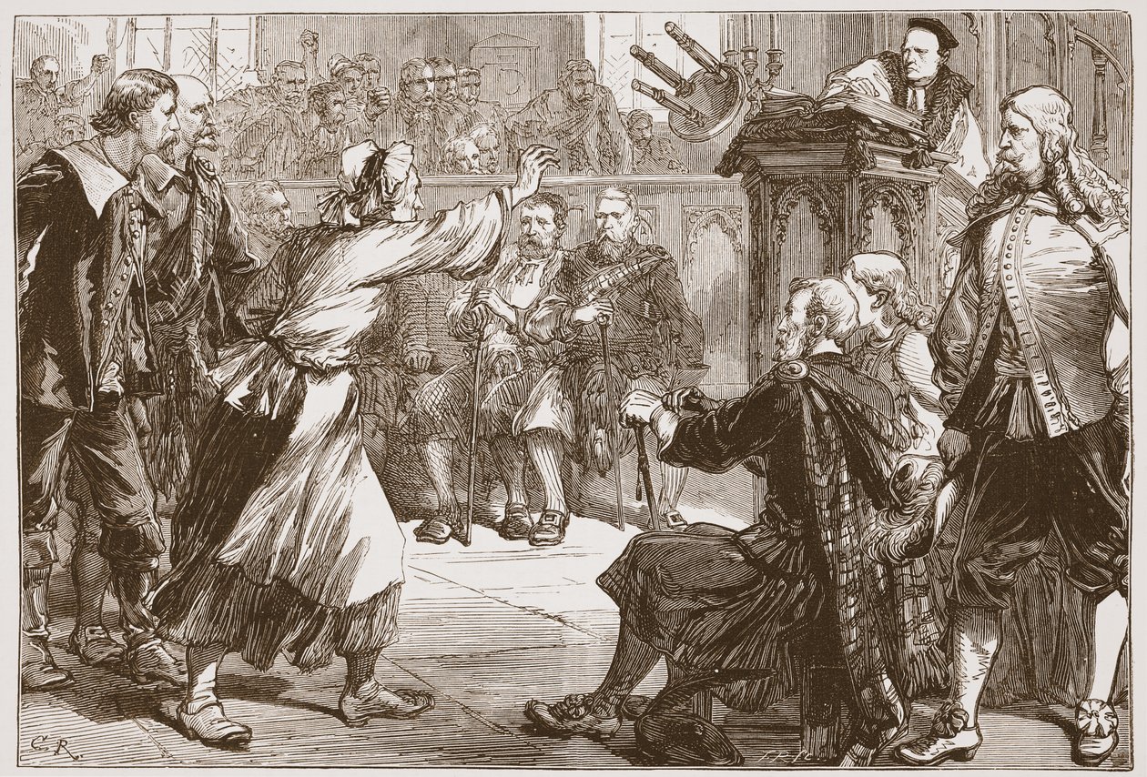 Janet Geddes heittelemässä jakkaraansa Edinburghin dekaanissa, kuvitus James Aitken Wylien (1808-1890) teoksesta The History of Protestantism, pub. 1878 tekijältä English School