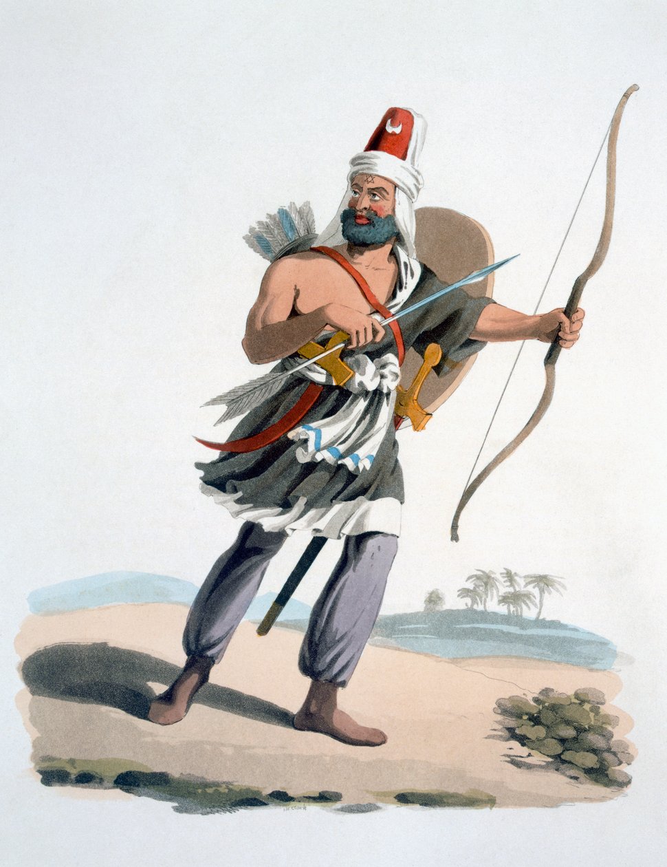 Arabian Janissary, teoksesta The Military Costume of Turkey, 1830 (käsinvärinen etsaus & akvatinta) tekijältä English School