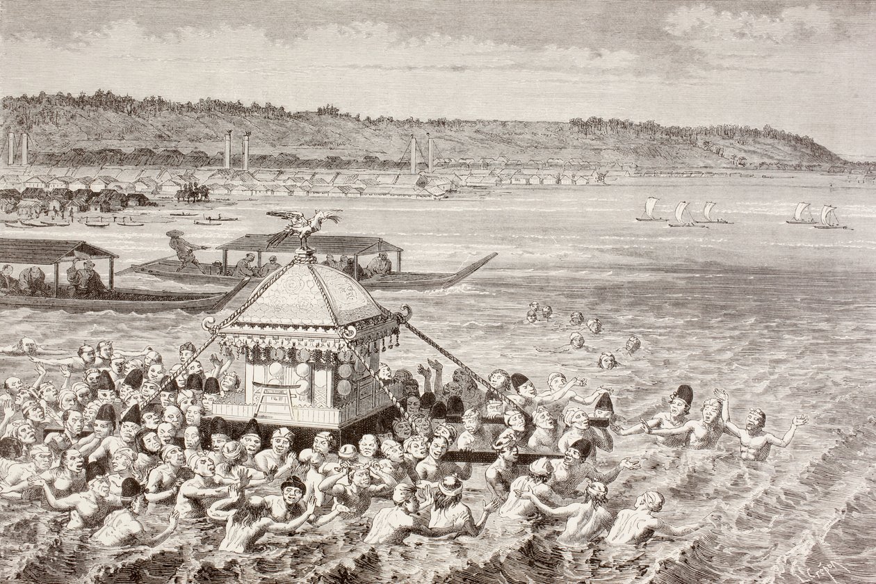 Japanilaiset kalastajat juhlivat Gots-Tennooa 1800-luvulla (litho) tekijältä English School