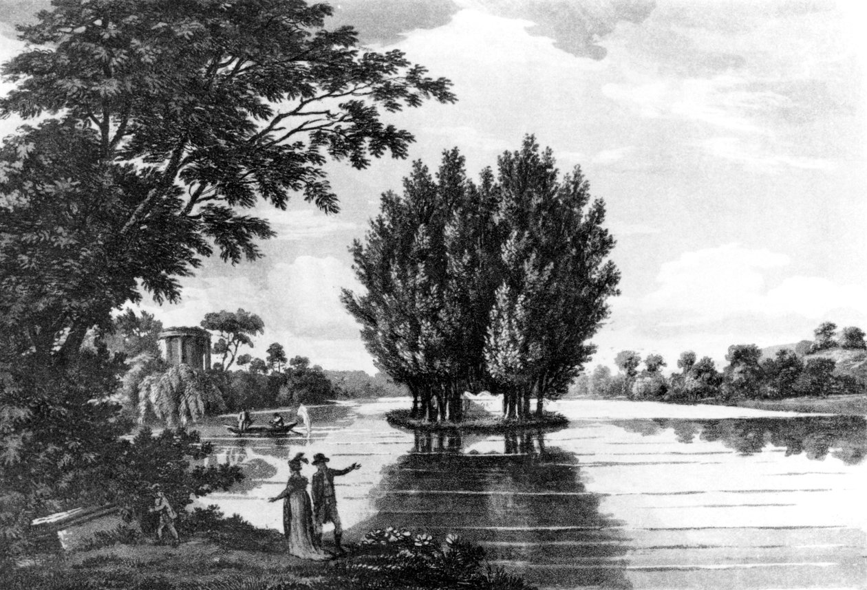 Jean-Jacques Rousseaun (1712-78) hauta Ermenonvillessä, urheilukiertueesta läpi Ranskan kirjesarjassa eversti Thomas Thorntonin Earl of Darlingtonille, julkaistu 1806 (bw kuva tekijältä English School