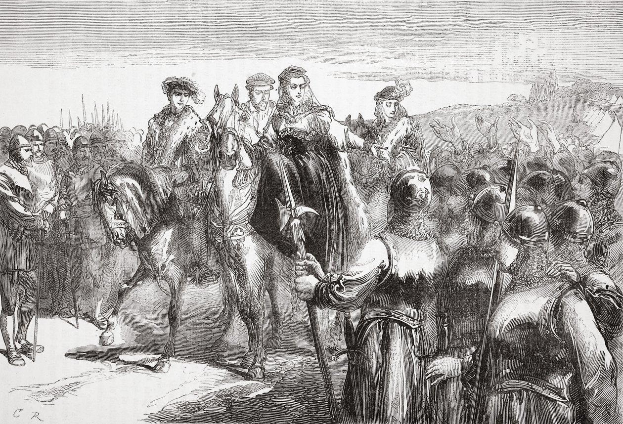 Jeanne DAlbret, Navarran kuningatar, puhuttelee hugenottisotilaita, kuvitus James Aitken Wylien (1808-1890) teoksesta The History of Protestantism, pub. 1878 tekijältä English School