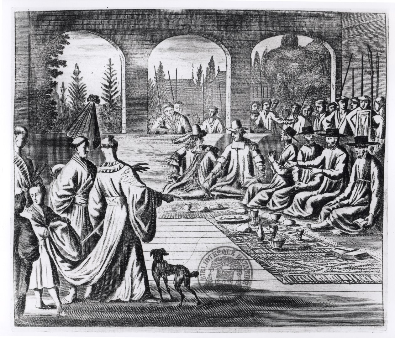 Jesuiitat hollantilaisten ja portugalilaisten kauppiaiden kanssa Japanin keisarin hovissa, kuvitus Arnold Montanuksen ikimuistoisesta suurlähetystöstä Japanin keisarille, julkaistu Lontoossa 1670 tekijältä English School