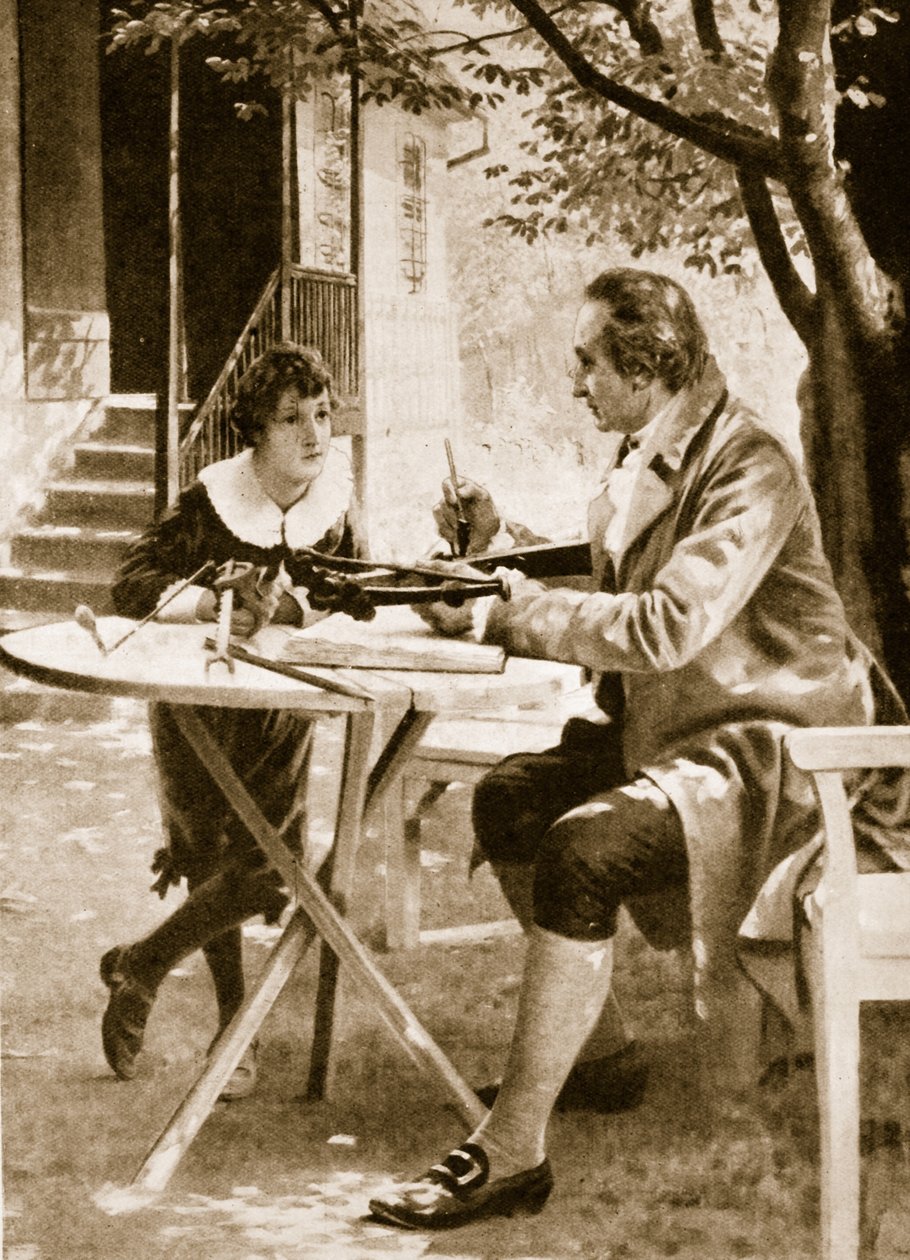 Johann Wolfgang von Goethe opastamassa poikaansa Augustia ampumaan varsijousella tekijältä English School