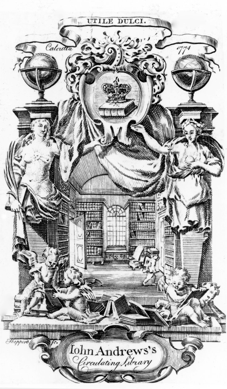 Joseph Shepperdin John Andrewss Circulating Library -kirjakilpi, julkaistu Kalkutassa, 1774 tekijältä English School