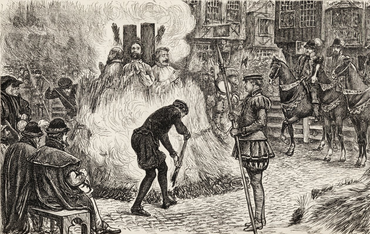 John Bland, John Frankesh, Nicholas Sheterden ja Humphrey Middleton poltettiin elävältä harhaoppisuuden vuoksi 1500-luvulla, noin 1865 (puukaiverrus). tekijältä English School