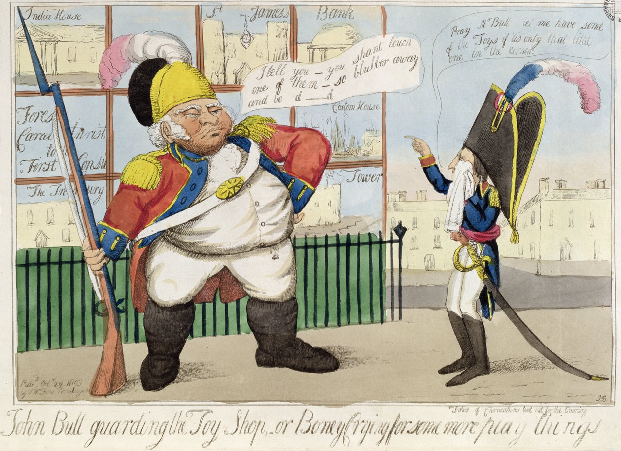John Bull vartioi lelukauppaa tai Boney Crying for Some More Play Things, pubi. kirjoittanut S.W. Fores, 1803 (värillinen etsaus) tekijältä English School