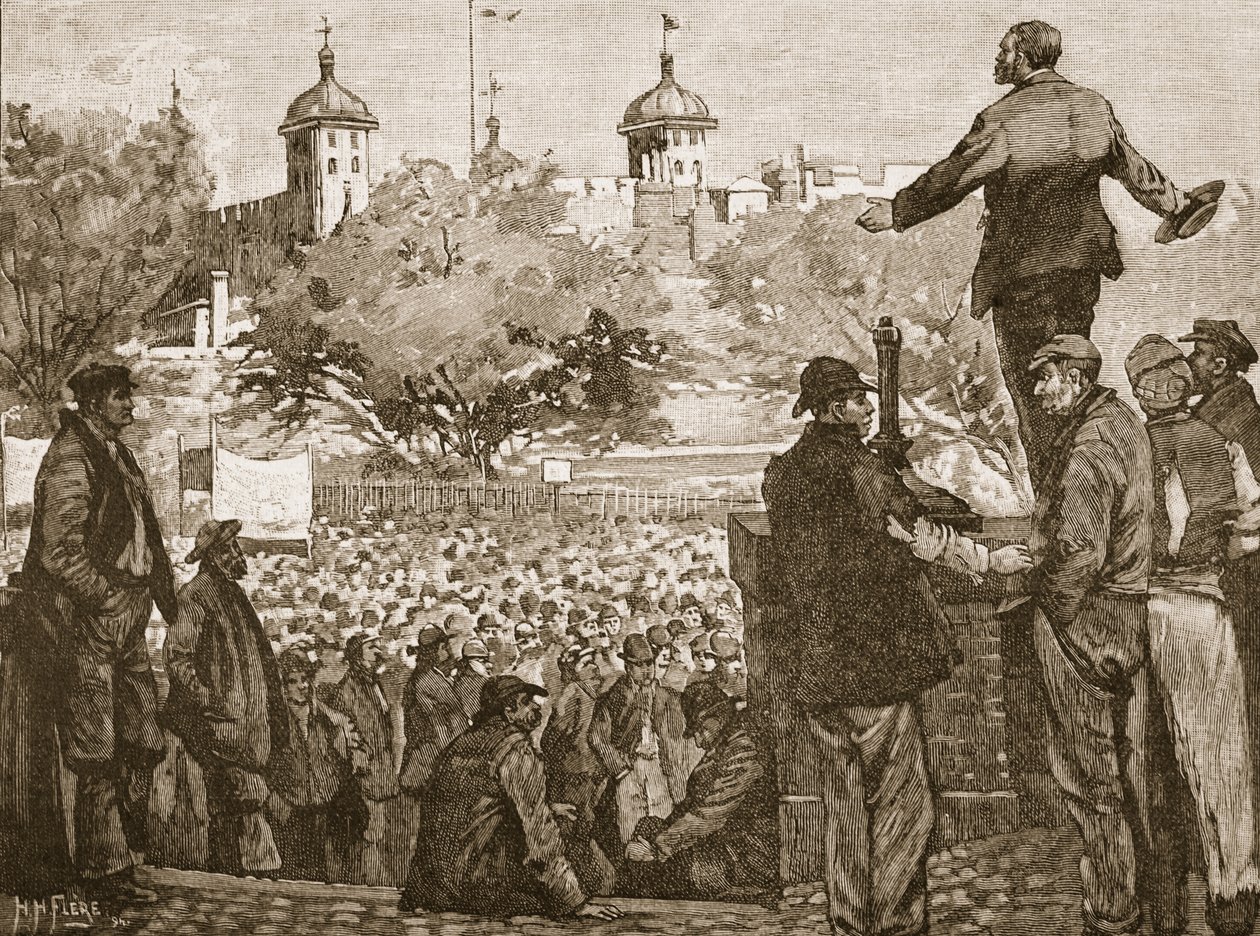 John Burns puhumassa satamatyöntekijöiden kokouksessa Tower Hillissä, 1889, kuva Cassells Illustrated History of Englandista (seepiakuva) tekijältä English School