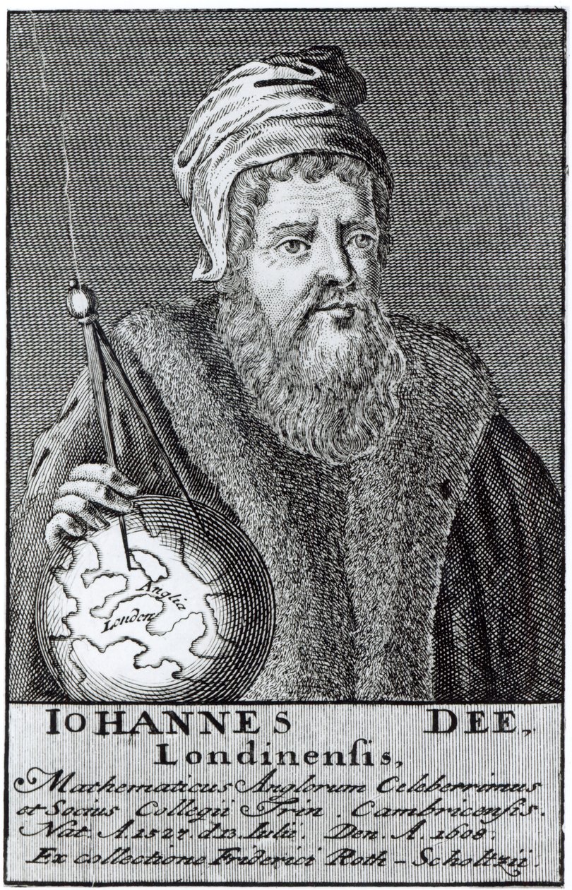 John Dee (1527-1608) lontoolainen (kaiverrus) (bundw-kuva) tekijältä English School