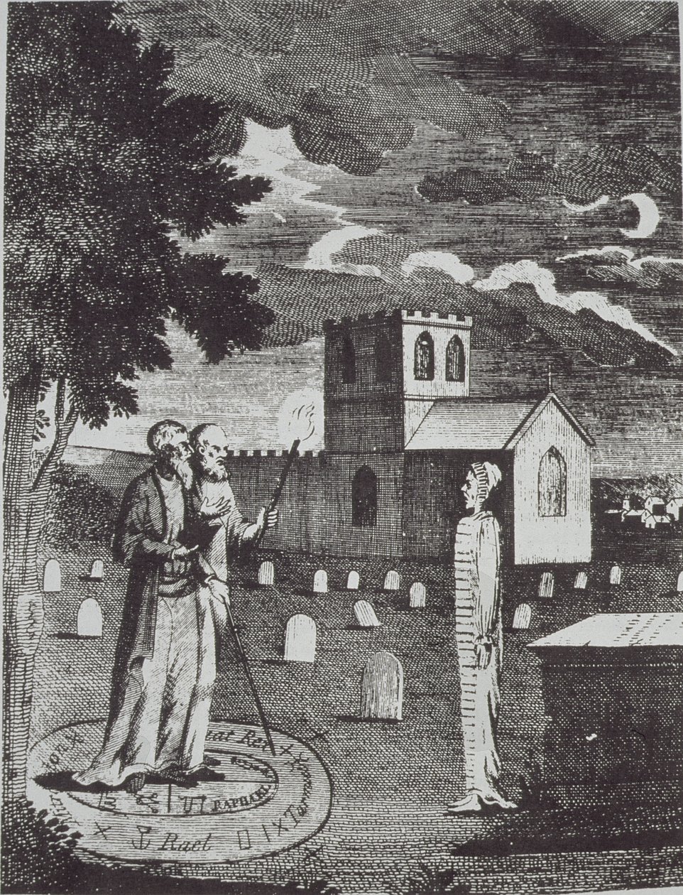 John Dee ja Edward Kelly kutsuvat kuolleita, kirjasta Historia of Magic, julkaistu 1800-luvun lopulla tekijältä English School