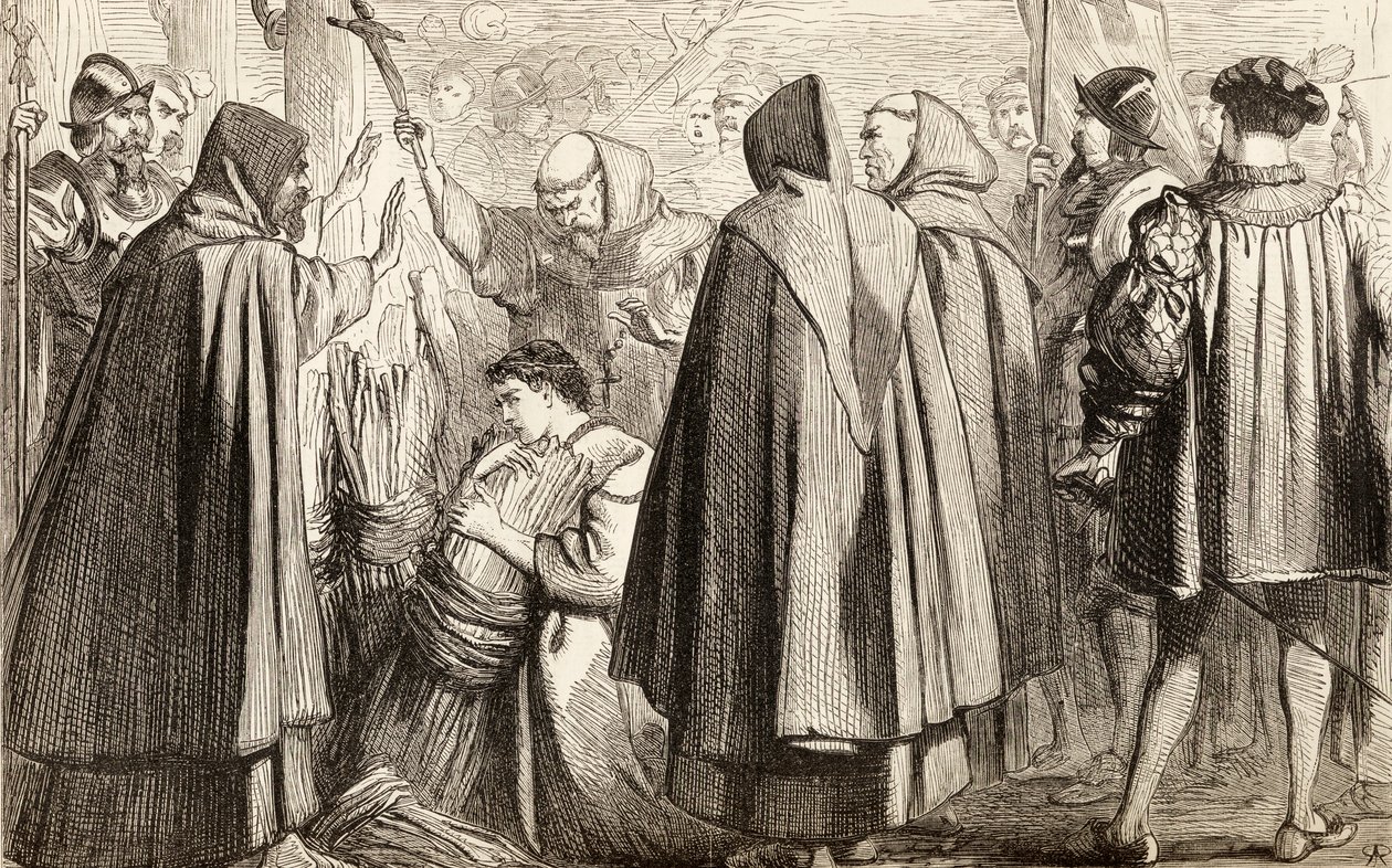 John Frith poltetaan roviolla harhaopin takia vuonna 1533, n. 1865 (puukaiverrus) tekijältä English School