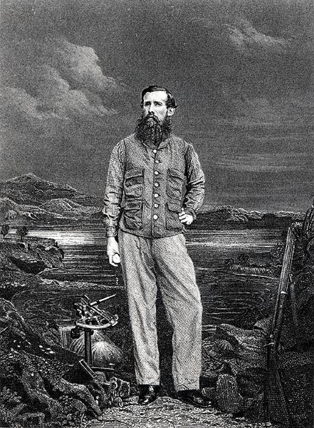 John Hanning Speke, 1863 julkaistun kirjansa "Journal of the Discovery of the Nile of the Nile" etukappale (kaiverrus) (mustavalkoinen kuva) tekijältä English School