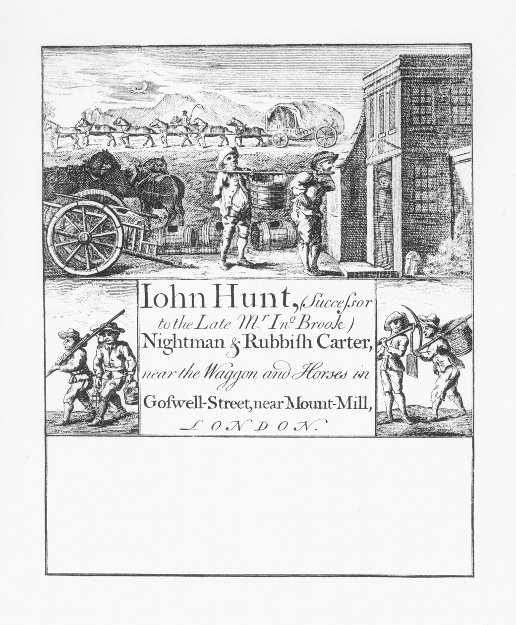 John Hunt, Nightman ja Rubbish Carter, lähellä vaunua ja hevosia Goswell Streetillä, lähellä Mount Milliä Lontoossa tekijältä English School