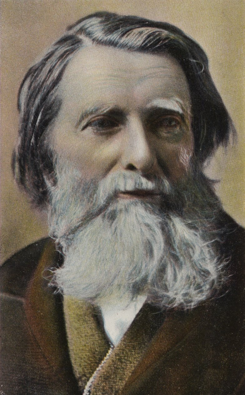 John Ruskin (1819-1900), englantilainen kirjailija, taidekriitikko, kuvataiteilija ja yhteiskunnallinen ajattelija (värilitografia). tekijältä English School