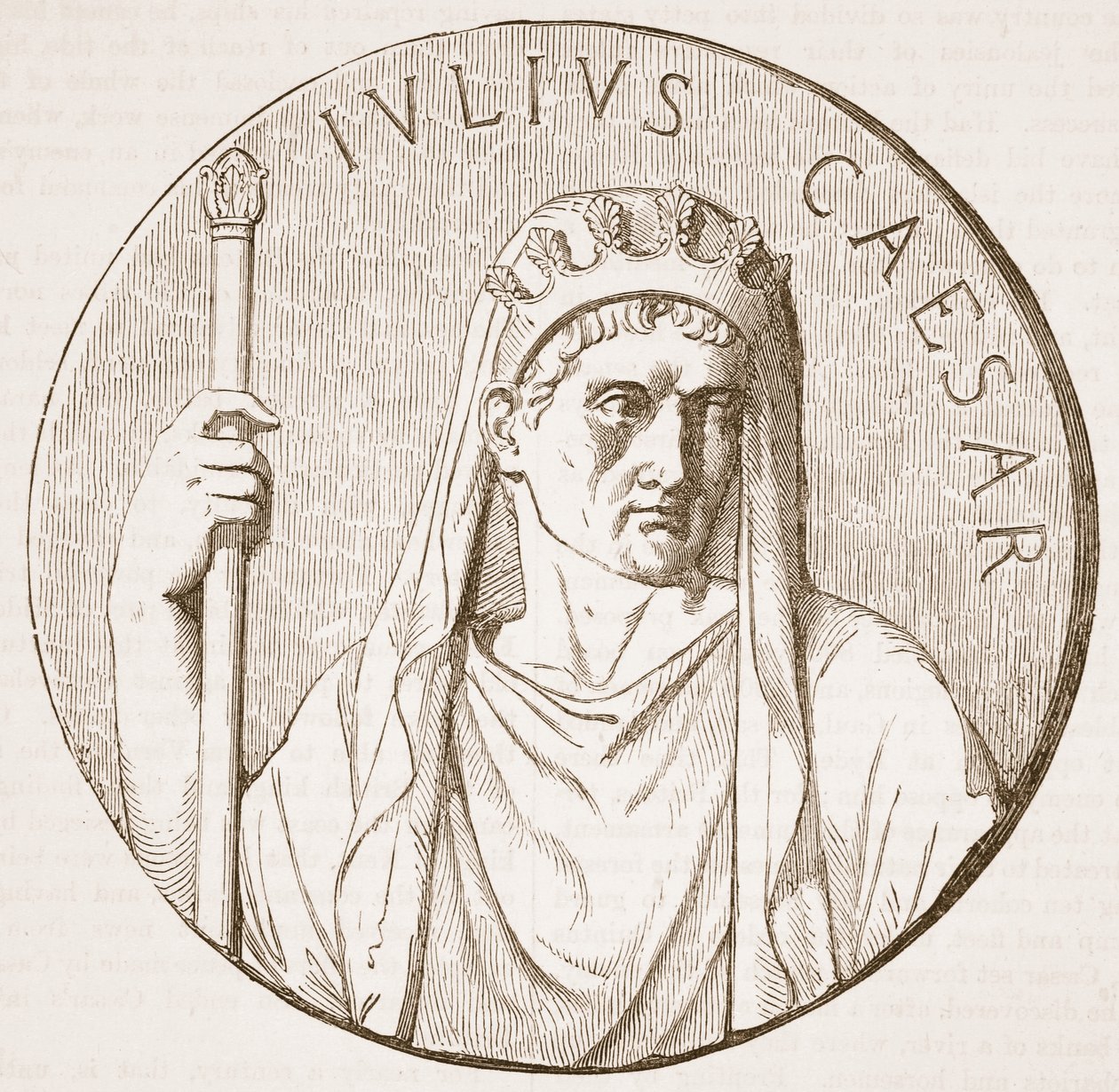 Julius Caesar, kuvitus Cassells Illustrated History of Englandista (seepiakuva) tekijältä English School