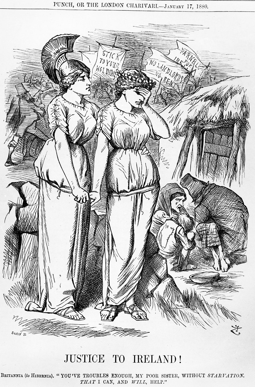 Oikeutta Irlannille!, kaiverrus Joseph Swain, Punch, 17. tammikuuta 1880 tekijältä English School