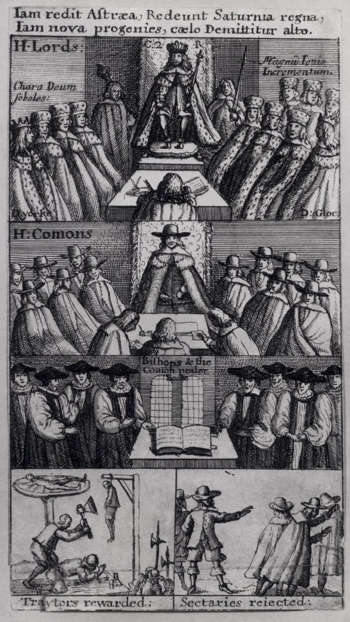Kuningas Kaarle II (1630-85) parlamenttitalon kanssa, 1660 tekijältä English School