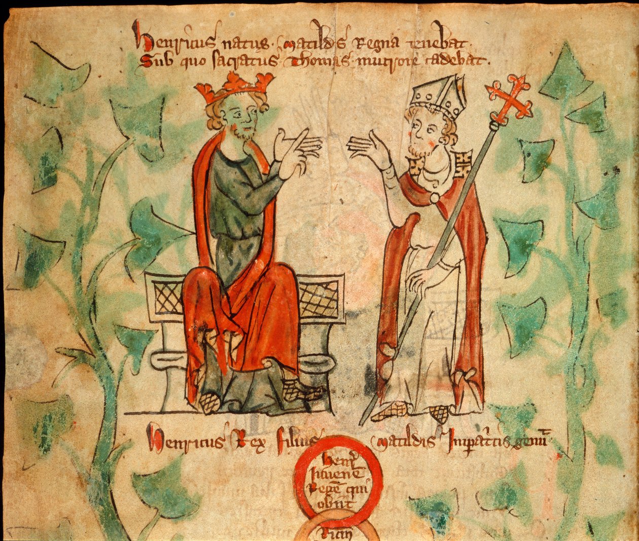 Kuningas Henrik II istuu valtaistuimella väittelemässä Thomas Becketin kanssa, kuva Englannin kronikasta, n. 1307-27 (vellum) tekijältä English School