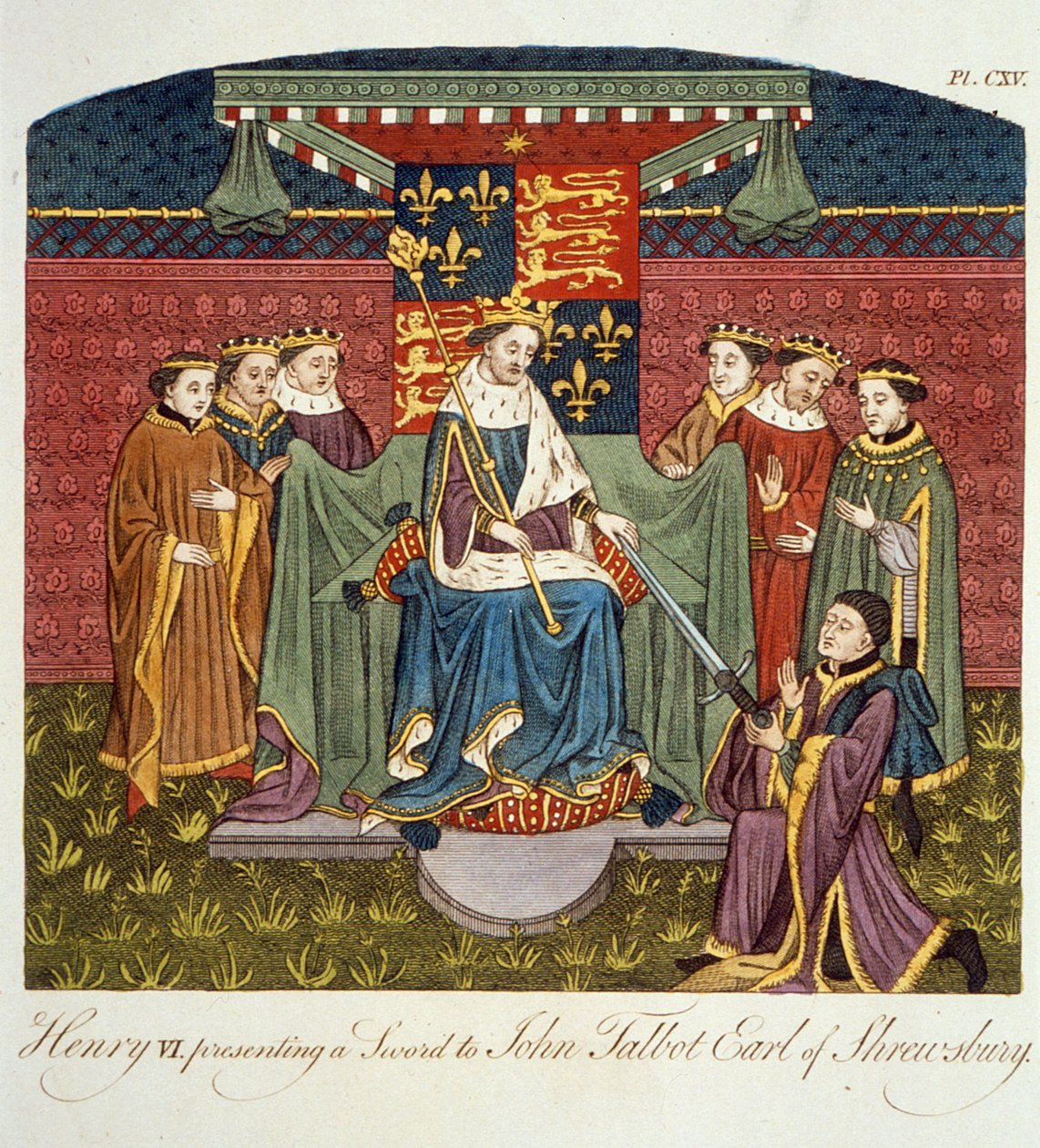 Kuningas Henrik VI (1421–1471) esittelee miekan John Talbotille (n. 1388–1453) Earl of Shrewsburylle, esimerkki Englannin kansan pukeutumisesta ja tavoista, osa II, julkaistu 17. tekijältä English School