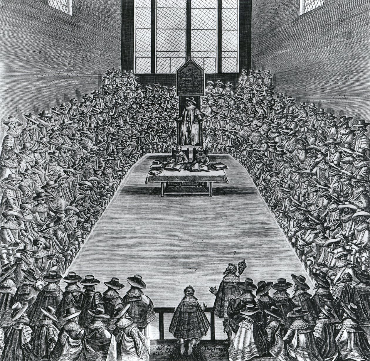 Kuningas James I (1566-1625) parlamenttitalossa, 1624 tekijältä English School