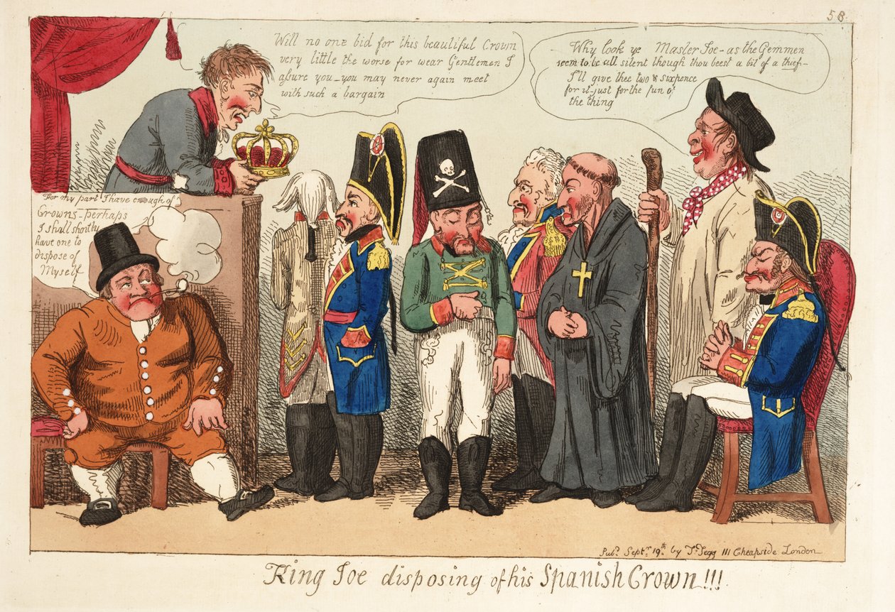 Kuningas Joe hävittää Espanjan kruununsa!!! Pub. 1808 (käsinvärinen kaiverrus) tekijältä English School