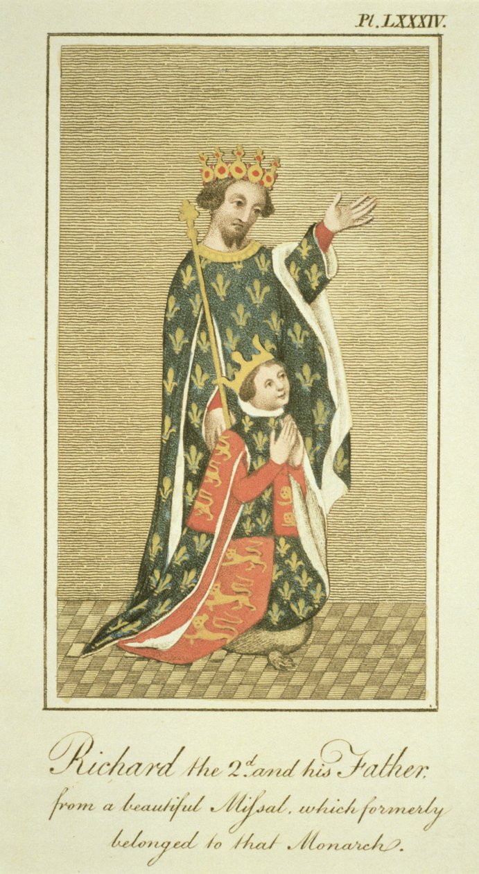 Kuningas Richard II (1367-1400) isänsä Edwardin (1330-76) Mustan prinssin kanssa, kuvitus Englannin kansan pukeutumisesta ja tavoista täydelliset näkemykset, osa II, julkaistu 1799 (värillinen) tekijältä English School