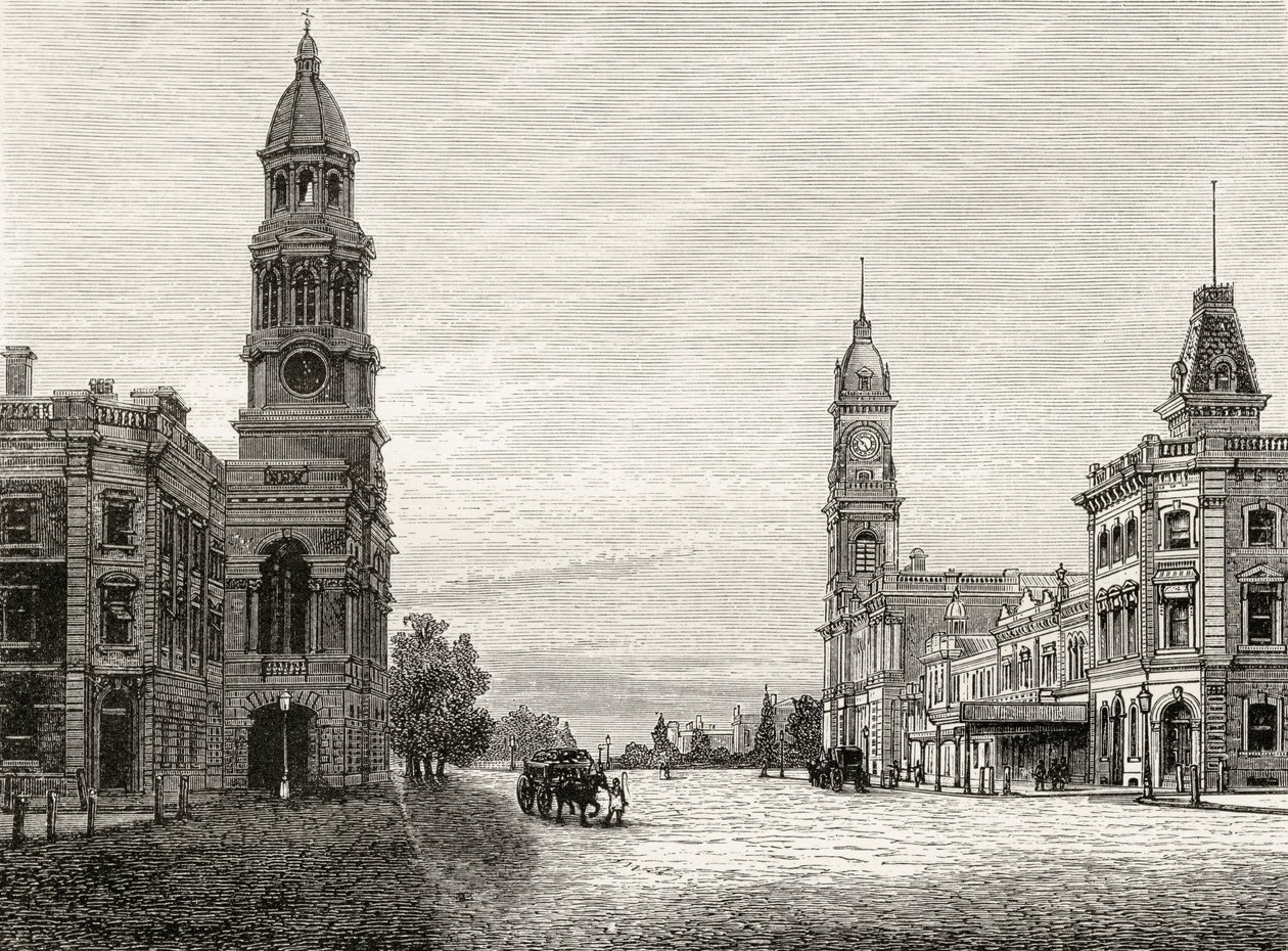 King William Street, Adelaide, n. 1880, Howard Willoughbyn "Australian Pictures" -julkaisusta, julkaisija Religious Tract Society, Lontoo, 1886 tekijältä English School