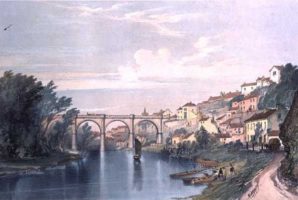 Knaresborough Viaduct, East and West Yorkshire Junction Railway, levy 38 Reesin "Railway Prints" -kirjoituksesta, kaiverrus J. C. Bourne (1836-77), n. 1850 (väri litho) tekijältä English School