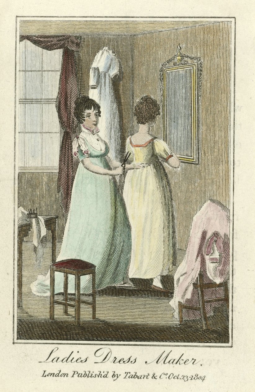 Naisten mekkovalmistaja, pubi. 1804 (käsinvärinen kaiverrus) tekijältä English School