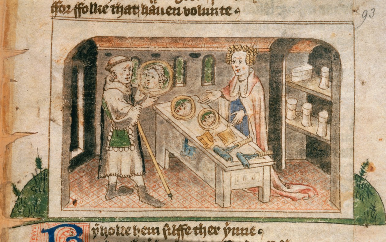 Lady Hagiography näyttää pyhiinvaeltajalle salvojen ja WC-tarvikkeiden esittelyn, kuvitus Guillaume Deguilevillen englanninkielisestä käännöksestä "Ihmisen elämän pyhiinvaellus", n. 1430-1450 (vellum) tekijältä English School