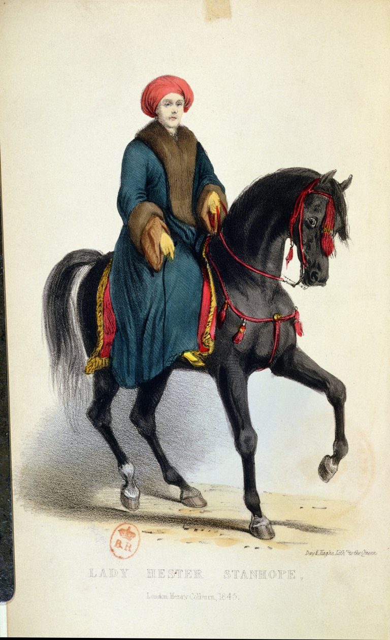 Lady Hester Lucy Stanhope (1776-1839) arabialaisessa mekossa, kuva hänen muistelmistaan Lontoosta, 1845 (värikaiverrus) tekijältä English School