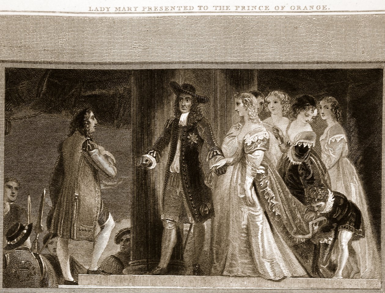 Lady Mary esitteli Orangen prinssille, David Humen kuvituksen Englannin historia, pubi. R. Bowyer, Lontoo, 1812 tekijältä English School